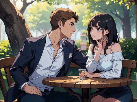 man and woman, sitting beside a tree, romantic conversation, joy, (insanely detailed, perfect faces, upper body)