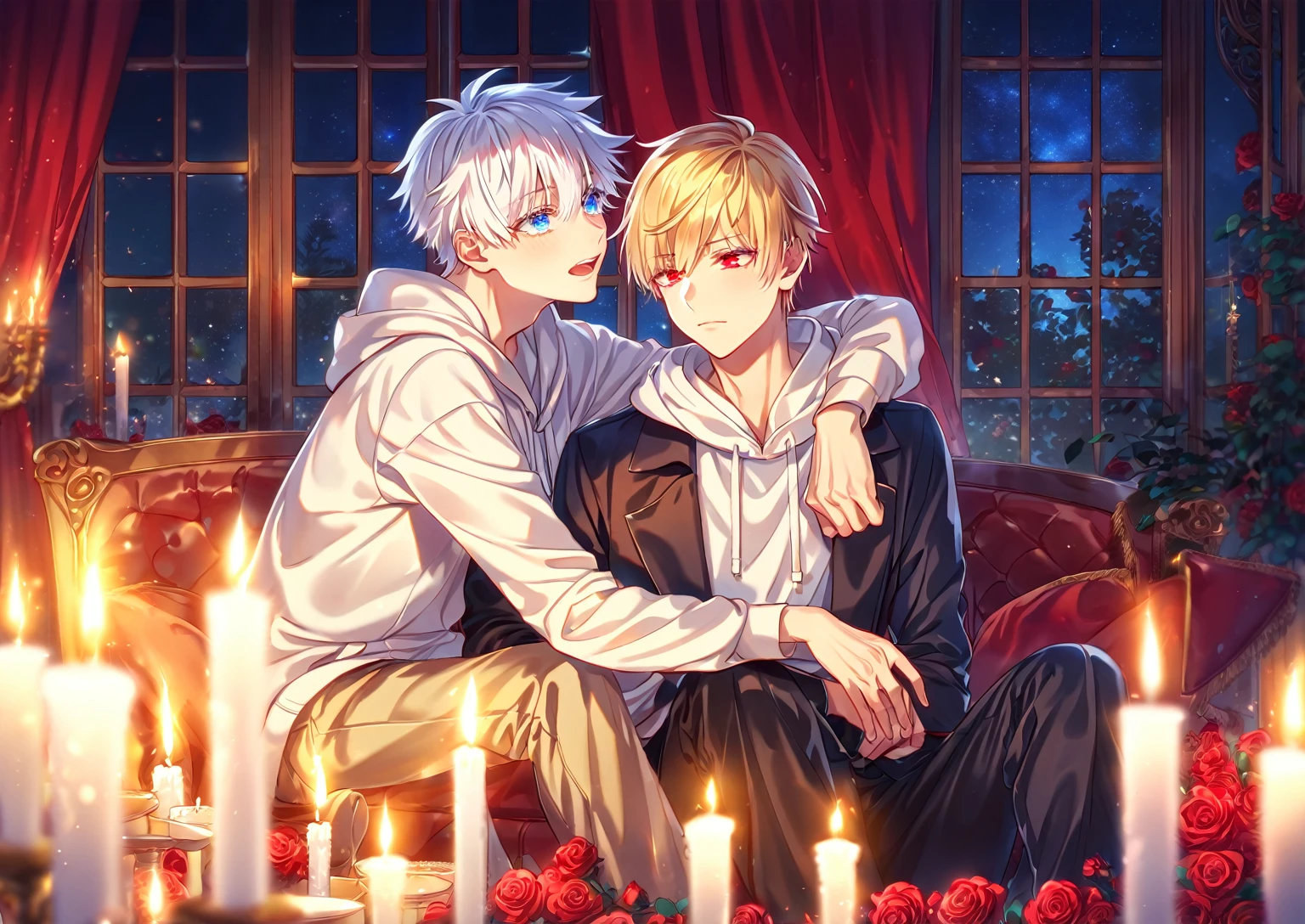 absurdres, highres, ultra detailed, HDR, master piece, best quality, perfect face, detailed eyes, detailed face, Gilgamesh, blonde hair, expressive red eyes, Fate Stay Night, Gojou Satoru, white hair, expressive blue eyes, white eyelashes, a handsome man sitting with a young boy, yaoi, gay couple, black coat, white hoodie, room, window, red curtains, red roses, candles, night, garden