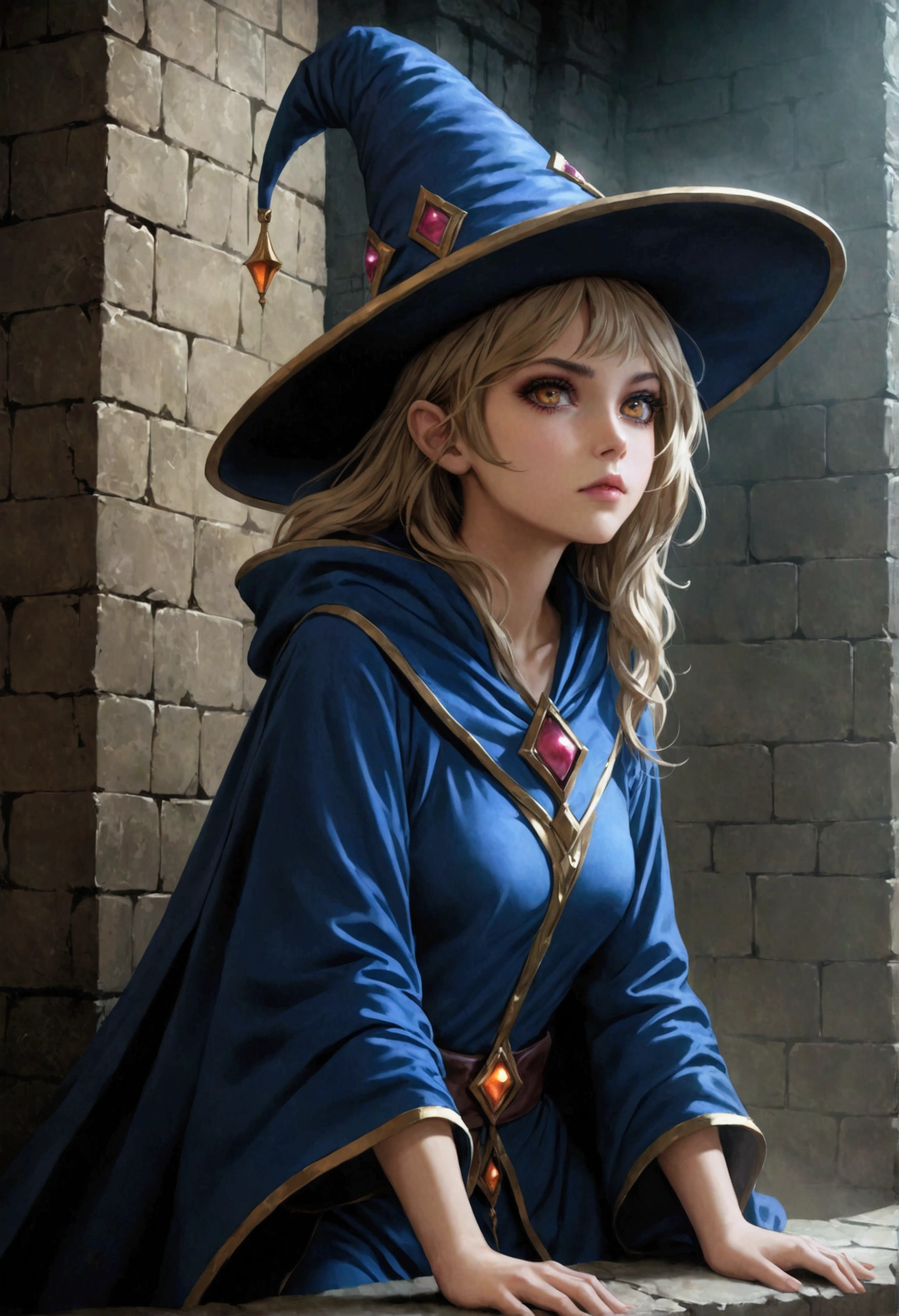 a dark fantasy magician girl, 1girl fucked. She fucked near the wall in dog pose, wearing a large magician's hat, open dark robes, leaning against dungeon wall, brown and dark tones, detailed facial features, extremely detailed eyes and face, long eyelashes, dramatic lighting, moody atmosphere, fantasy, concept art, professional, intricate details, digital painting, photorealistic, 8k, best quality