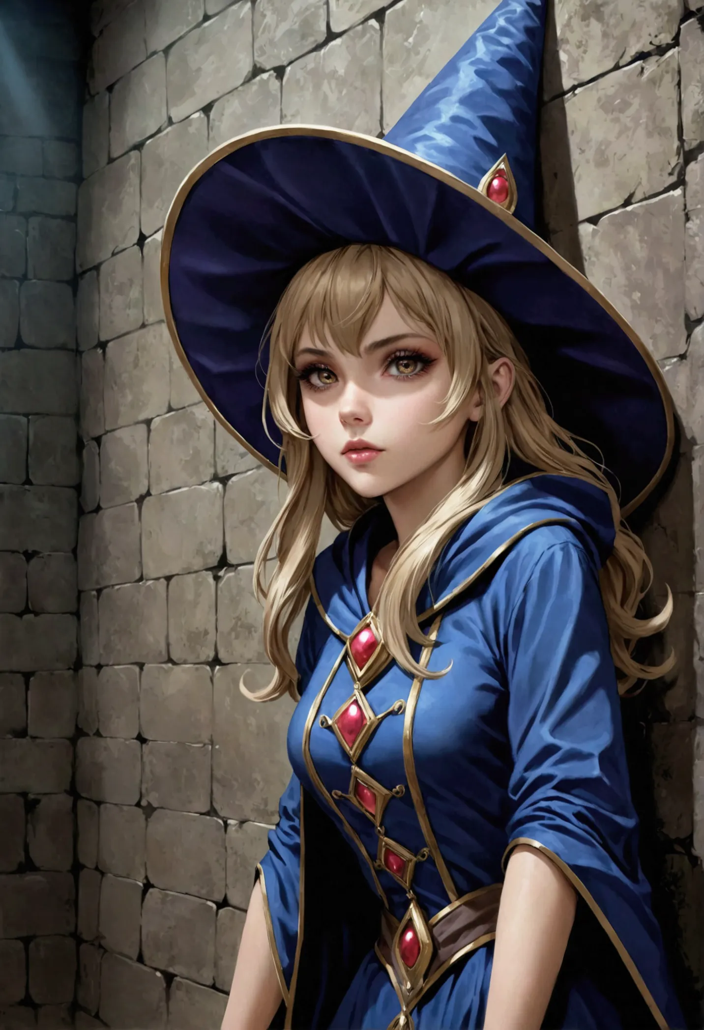 a dark fantasy magician girl, 1girl fucked. she fucked near the wall in dog pose, wearing a large magician's hat, open dark robe...