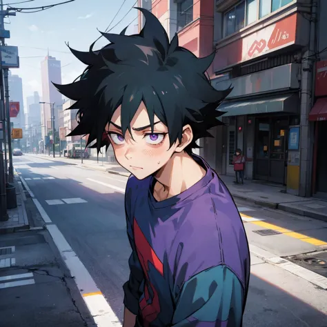 1male , purple eyes , sad expression , black hair , messy hair , blue jeans , modern city background , my hero academia , tired ...