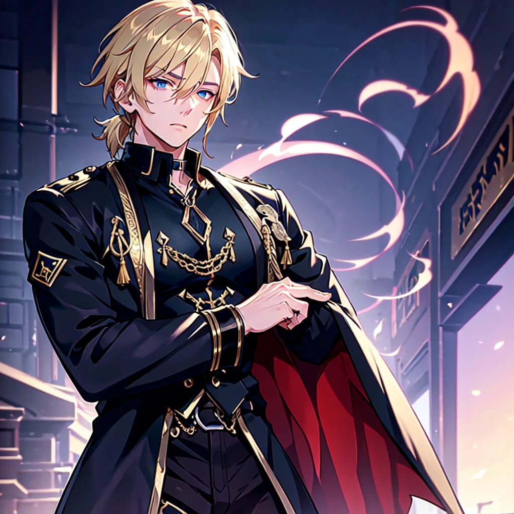 Anime attractive man, 20 year old, blonde hair, very very short ponytail, tall, muscular, solo, one person, dark blue gold-accented high-collared dress shirt with rolled up sleeves, black choker, dark blazer with gold lining and buttons unbuttoned with rolled up sleeves, long dark overcoat with a fur trim, rolled up sleeves, rolled up sleeves, rolled up sleeves, rolled up sleeves muscular, masculine face.