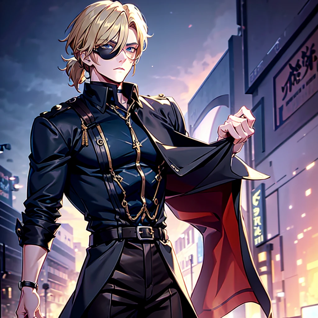 Anime attractive man, 20 year old, blonde hair, very very short ponytail, tall, muscular, solo, one person, dark blue gold-accented high-collared dress shirt with rolled up sleeves, black choker, dark blazer with gold lining and buttons unbuttoned with rolled up sleeves, long dark overcoat with a fur trim, rolled up sleeves, rolled up sleeves, rolled up sleeves, rolled up sleeves muscular, masculine face.