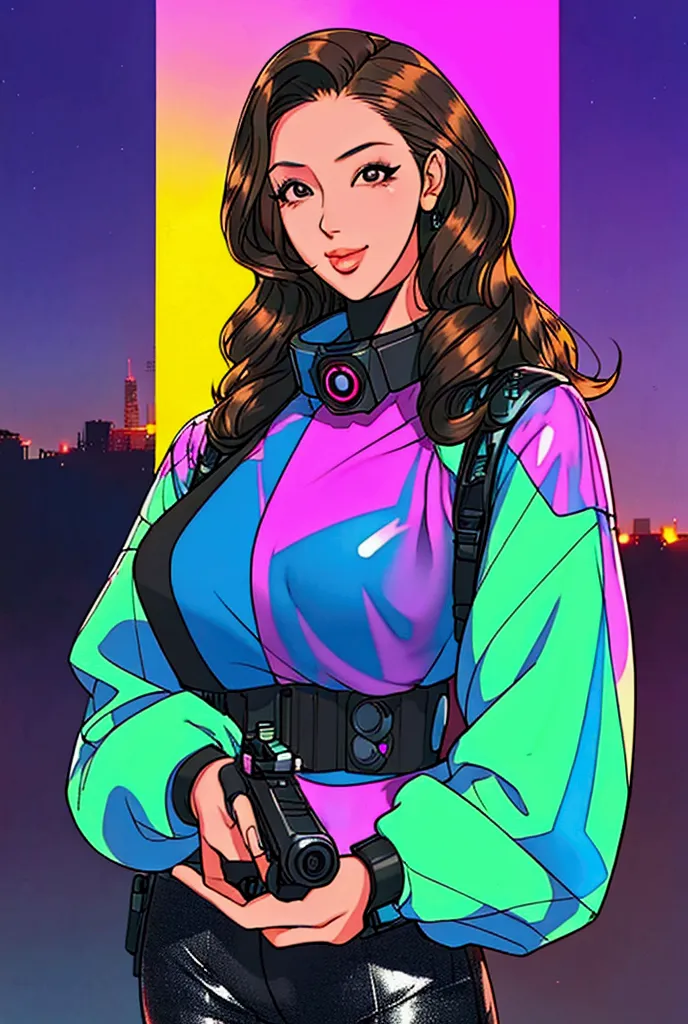 manhwa , (pretty girl, 2, brunette, black eyes) at cyberpunk world dressed as futuristic law enforcer, (full lips) , ((perfect f...