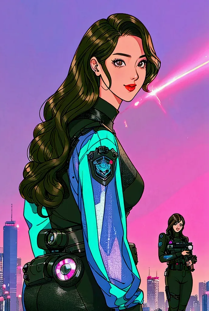 manhwa , (pretty girl, 2, brunette, black eyes) at cyberpunk world dressed as futuristic law enforcer, (full lips) , ((perfect f...