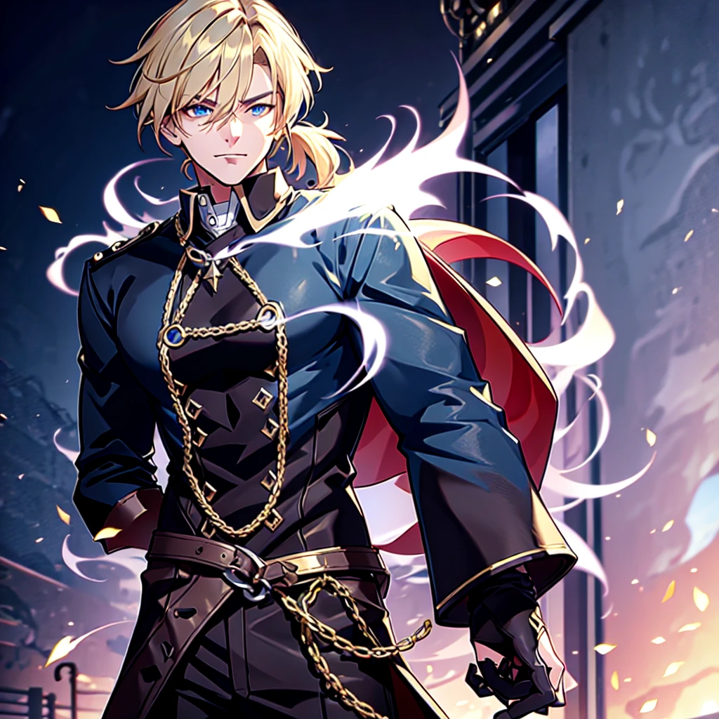 Anime attractive man, 20 year old, blonde hair, very very short ponytail, tall, muscular, solo, one person, dark blue gold-accented high-collared dress shirt with rolled up sleeves, black choker, dark blazer with gold lining and buttons unbuttoned with rolled up sleeves, long dark overcoat with a fur trim, rolled up sleeves, rolled up sleeves, rolled up sleeves, rolled up sleeves muscular, masculine face, smirk