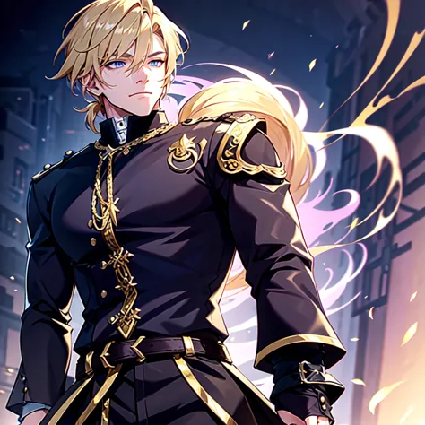 anime attractive man, 20 year old, blonde hair, very very short ponytail, tall, muscular, solo, one person, dark blue gold-accen...