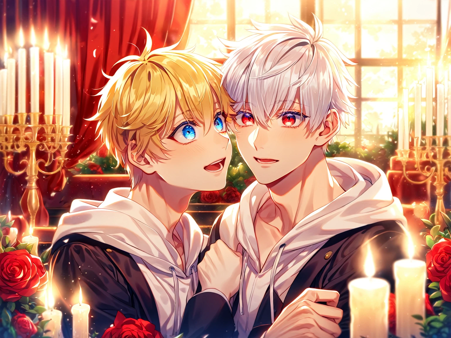 absurdres, highres, ultra detailed, HDR, master piece, best quality, perfect face, detailed eyes, detailed face, adult Gilgamesh, blonde hair, expressive red eyes, Fate Grand Order, kid Gojou Satoru, white hair, expressive blue eyes, white eyelashes, a handsome adult manly man together with a kid, yaoi, gay couple, black coat, white hoodie, room, window, red curtains, red roses, candles, night, garden