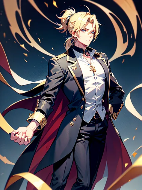 anime attractive man, 20 year old, blonde hair, very very short ponytail, tall, muscular, solo, one person, dark blue gold-accen...