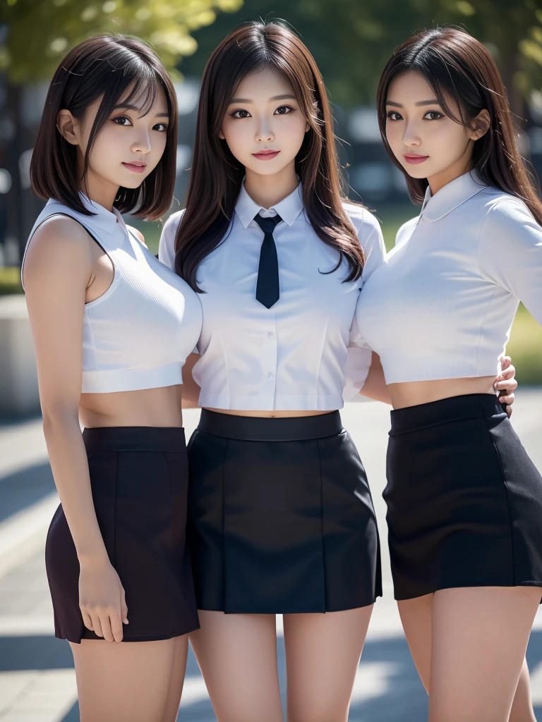 Wear your degree uniform, graduate student, Photo taken in 2023, Makeup,The ultimate realistic bra, (Highest quality) (detailed) (8k) (High resolution) (wallpaper) (Cinema Lighting) (Sharp focus),Beautiful face,Beautiful eyes,(Three women standing together:1.5), Graduation photo,Thin thighs visible through the skirt