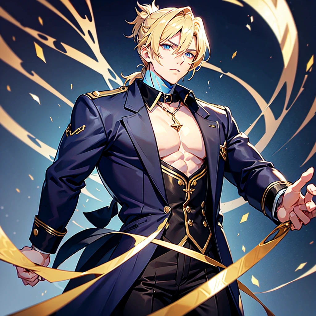 Anime attractive man, 20 year old, blonde hair, very very short ponytail, tall, muscular, solo, one person, dark blue gold-accented high-collared dress shirt with rolled up sleeves, black choker, dark blazer with gold lining and buttons unbuttoned with rolled up sleeves, long dark overcoat with a fur trim, rolled up sleeves, rolled up sleeves, rolled up sleeves, rolled up sleeves muscular, masculine face.