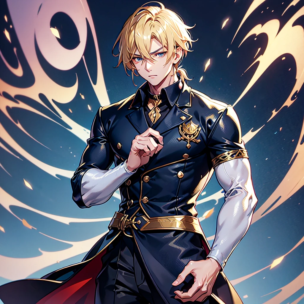 Anime attractive man, 20 year old, blonde hair, very very short ponytail, tall, muscular, solo, one person, dark blue gold-accented high-collared dress shirt with rolled up sleeves, black choker, dark blazer with gold lining and buttons unbuttoned with rolled up sleeves, long dark overcoat with a fur trim, rolled up sleeves, rolled up sleeves, rolled up sleeves, rolled up sleeves muscular, masculine face.