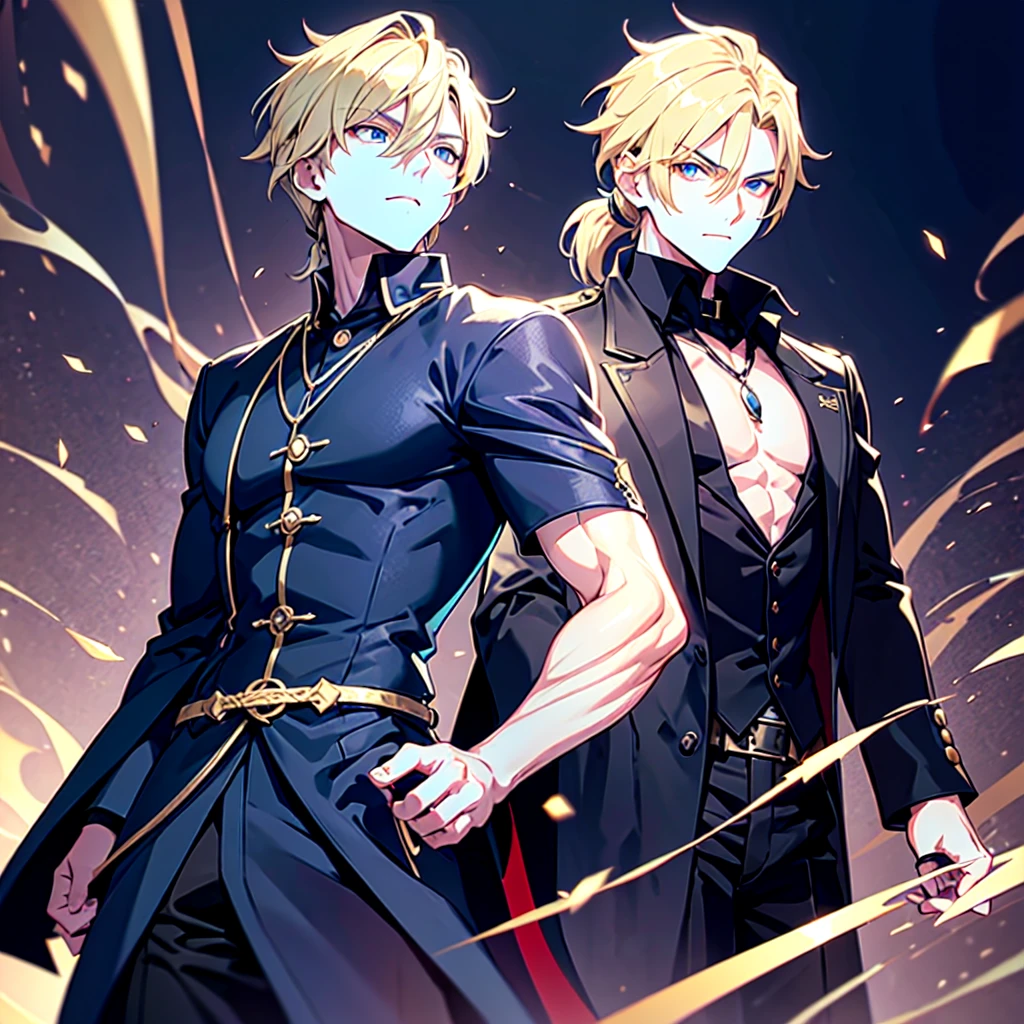 Anime attractive man, 20 year old, blonde hair, very very short ponytail, tall, muscular, solo, one person, dark blue gold-accented high-collared dress shirt with rolled up sleeves, black choker, dark blazer with gold lining and buttons unbuttoned with rolled up sleeves, long dark overcoat with a fur trim, rolled up sleeves, rolled up sleeves, rolled up sleeves, rolled up sleeves muscular, masculine face.