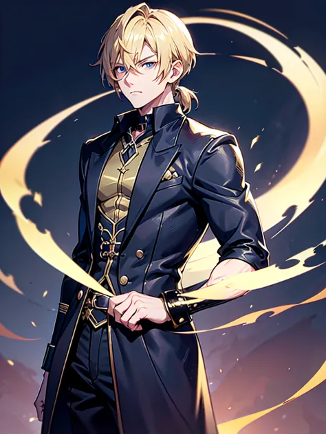 anime attractive man, 20 year old, blonde hair, very very short ponytail, tall, muscular, solo, one person, dark blue gold-accen...