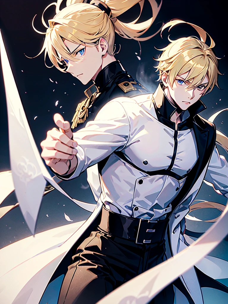 Anime attractive man, 20 year old, blonde hair, very very short ponytail, tall, muscular, solo, one person, white tshirt with black overcoat on top, black pants, rolled up sleeves, rolled up sleeves, rolled up sleeves muscular, masculine face.