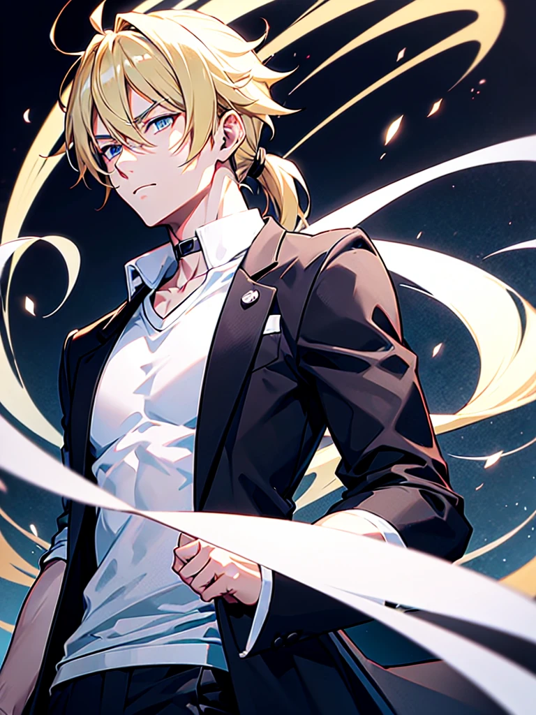 Anime attractive man, 20 year old, blonde hair, very very short ponytail, tall, muscular, solo, one person, white tshirt with black overcoat on top, black pants, rolled up sleeves, rolled up sleeves, rolled up sleeves muscular, masculine face.