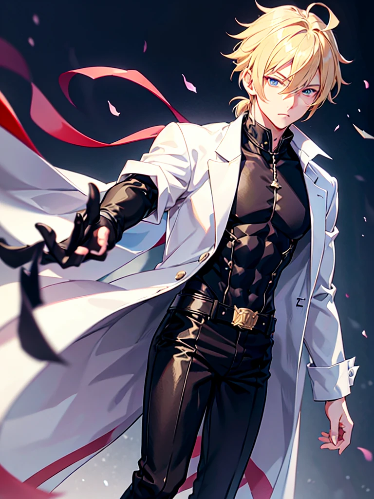 Anime attractive man, 20 year old, blonde hair, very very short ponytail, tall, muscular, solo, one person, white tshirt with black overcoat on top, black pants, rolled up sleeves, rolled up sleeves, rolled up sleeves muscular, masculine face.