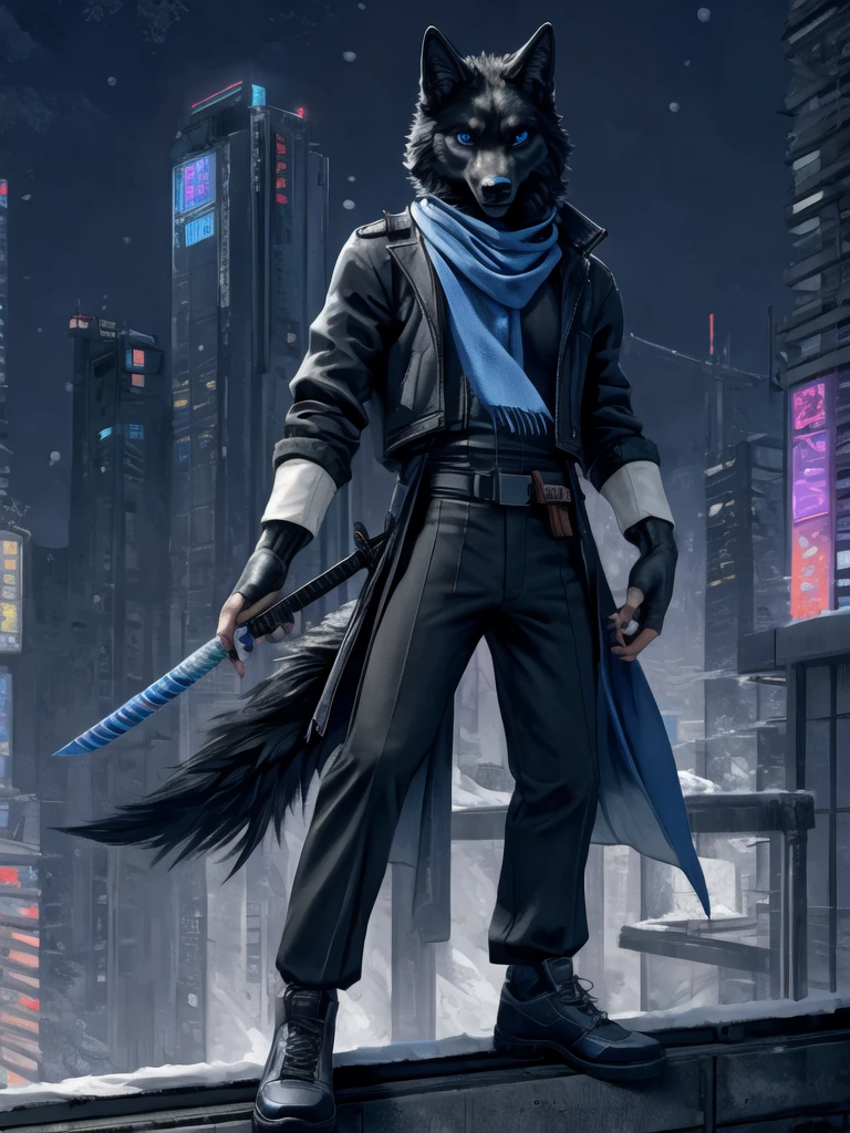 black wolf with blue stripes, dark blue eyes, Black jacke, long pants, gloves fingerless, stylish black shoes, blue scarf, holding a katana, on the roof of a building in futuristic Tokyo on a winter night