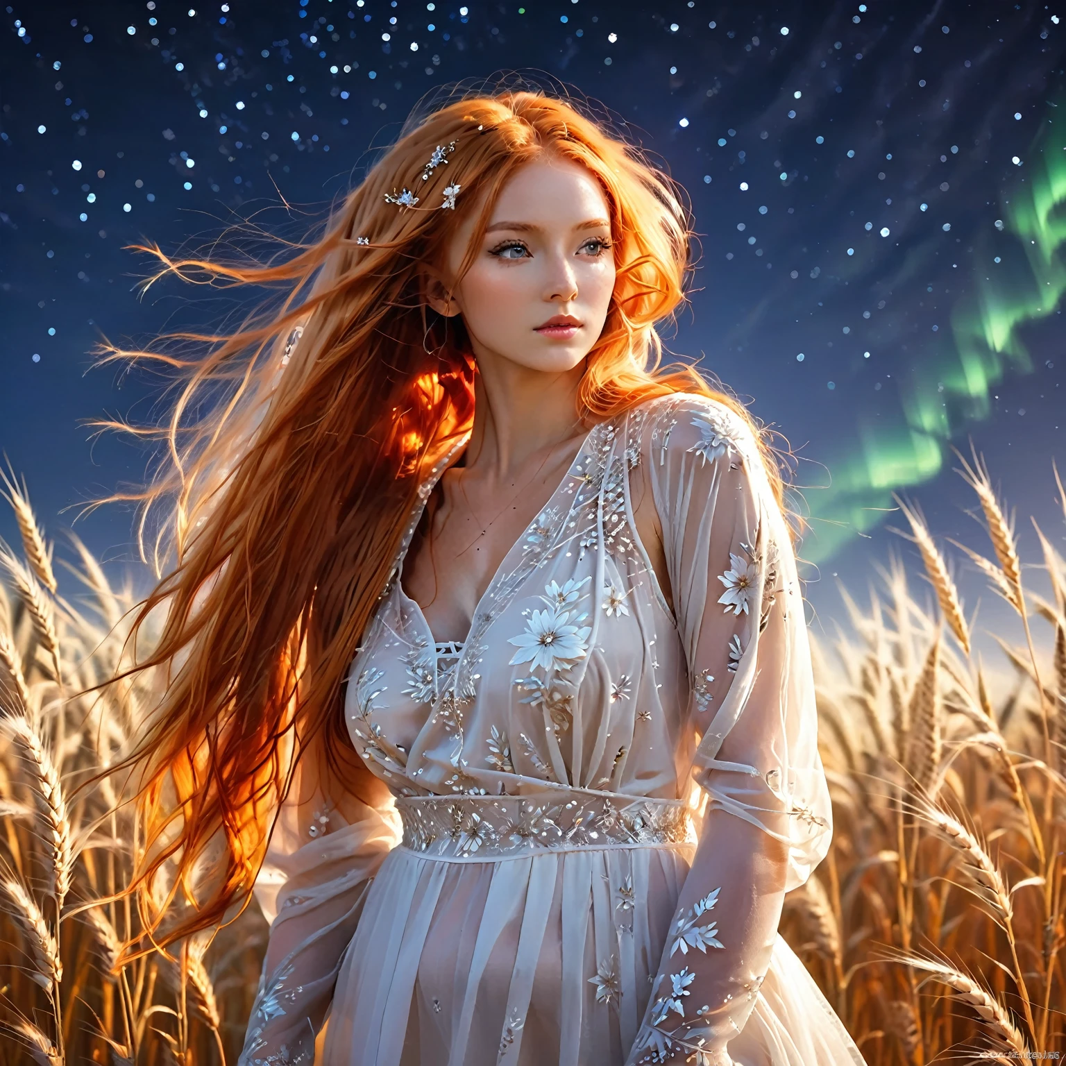 1 girl, alone, long orange hair, standing looking at the sky, revealing white dress, tight dress, starry night, night with northern lights, on a wheat background, sexy body. sensual, embarrassed, embarrassed face,(complex details)(very high quality,4k,8K,high resolution,masterpiece, ultra detailed, Realistic,HD, studio lighting, extreme detailed description, Professional, vivid colors, best quality, Realistic, higres, masterpie. attractive woman, (long orange hair)), flowery desert, fantasy. she is cute girl. full body tempting body, amazing, full body, full body, show her off head to toe translucent outfit. Sensuality body. Seductive, sexy. Full body.