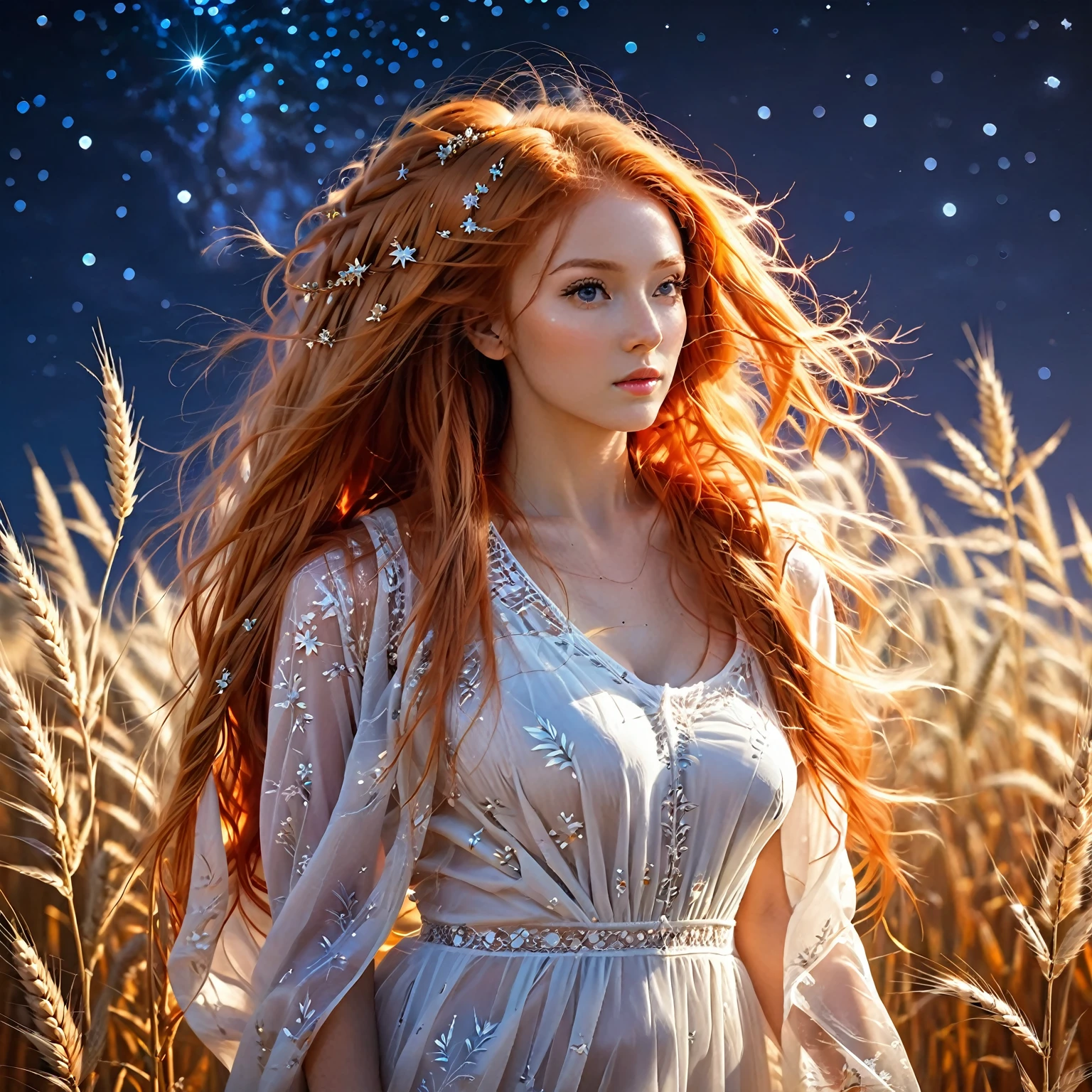 1 girl, alone, long orange hair, standing looking at the sky, revealing white dress, tight dress, starry night, night with northern lights, on a wheat background, sexy body. sensual, embarrassed, embarrassed face,(complex details)(very high quality,4k,8K,high resolution,masterpiece, ultra detailed, Realistic,HD, studio lighting, extreme detailed description, Professional, vivid colors, best quality, Realistic, higres, masterpie. attractive woman, (long orange hair)), flowery desert, fantasy. she is cute girl. full body tempting body, amazing, full body, full body, show her off head to toe translucent outfit. Sensuality body. Seductive, sexy. Full body.