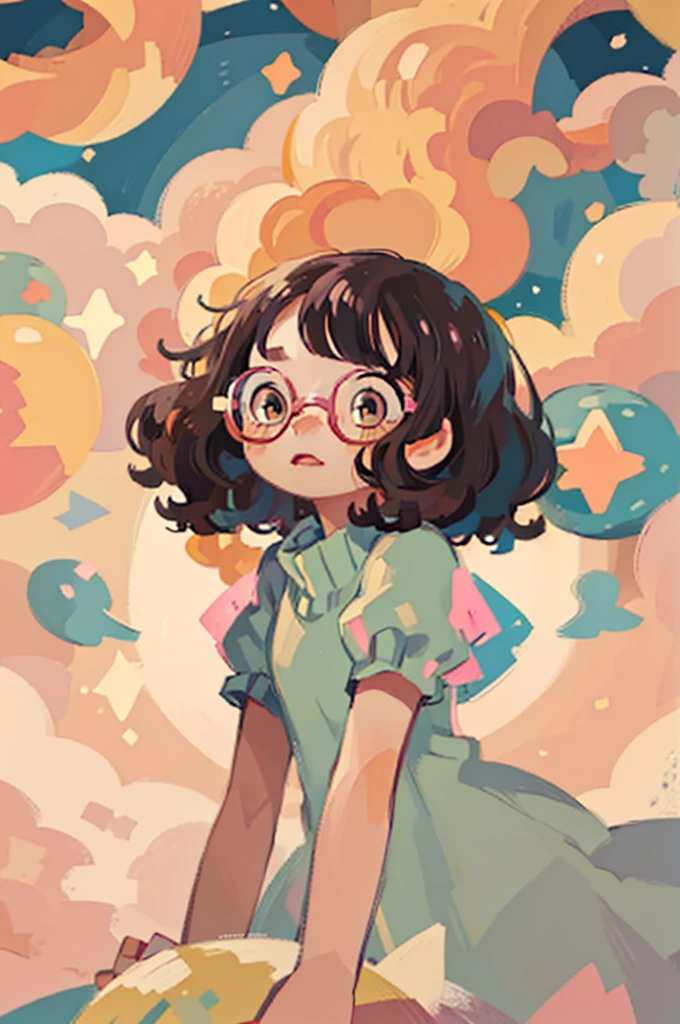 (best quality, 4k, 8k, high resolution, masterpiece:1.2), ((masterpiece)), (((best quality))), (({soft aura})) ((masterpiece)), (((best quality))),

Short wavy black hair, cute wavy bangs, pink round glasses, brown eyes, long eyelashes, small freckles on her cheeks, cute blue dress, cute stars around her, sparkle in her eyes.