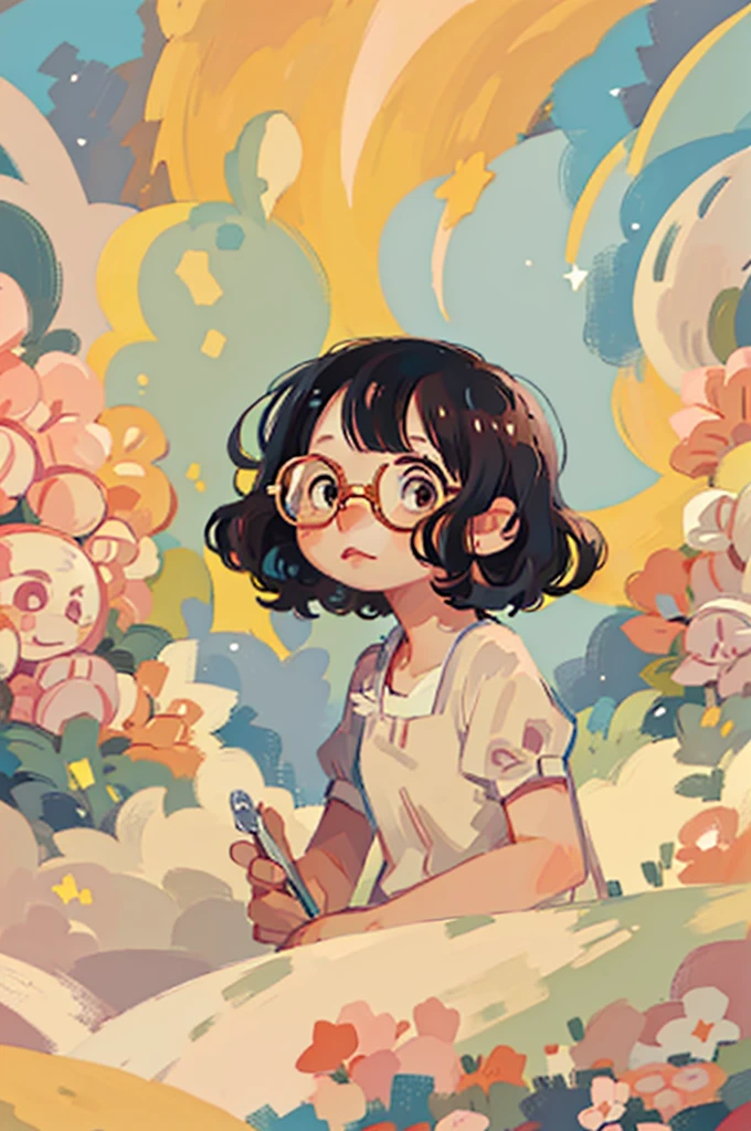 (best quality, 4k, 8k, high resolution, masterpiece:1.2), ((masterpiece)), (((best quality))), (({soft aura})) ((masterpiece)), (((best quality))), (((Starry background)))

Short wavy black hair, cute wavy bangs, pink round glasses, brown eyes, long eyelashes, small freckles on her cheeks, cute blue dress, cute stars around her, sparkle in her eyes,