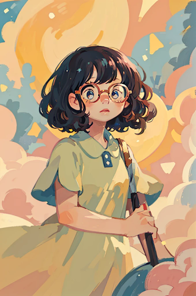 (best quality, 4k, 8k, high resolution, masterpiece:1.2), ((masterpiece)), (((best quality))), (({soft aura})) ((masterpiece)), (((best quality))), (((Starry background)))

Short wavy black hair, cute wavy bangs, pink round glasses, brown eyes, long eyelashes, small freckles on her cheeks, cute blue dress, cute stars around her, sparkle in her eyes,