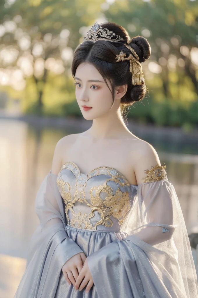 1 girl, alone, masterpiece, Gorgeous metal style，Extreme details, send 1 cloud ice,short hair,髮bun,big hair,hair standing on end,bun, delicate eyes, metal crown，Decorated with ornate stripes, flowing hair, details on face, Clothes made of silver, gold lace dress, ,