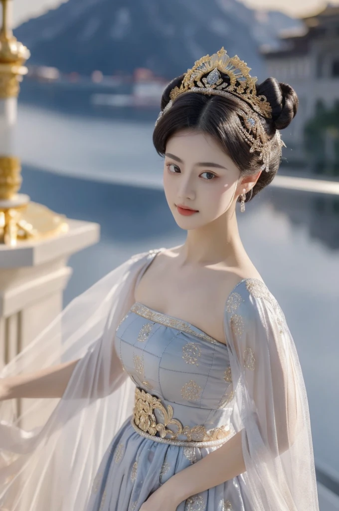 1 girl, alone, masterpiece, Gorgeous metal style，Extreme details, send 1 cloud ice,short hair,髮bun,big hair,hair standing on end,bun, delicate eyes, metal crown，Decorated with ornate stripes, flowing hair, details on face, Clothes made of silver, gold lace dress, ,