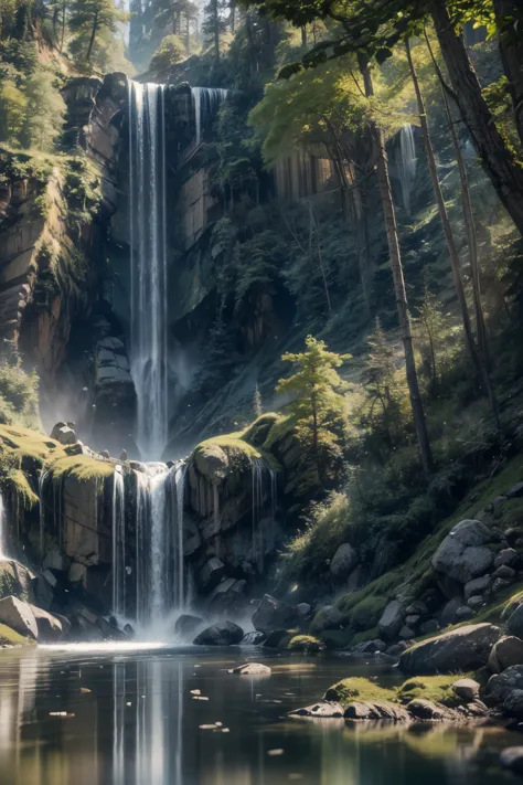 Chaotic rushing waterfalls in tranquil beautiful landscapes, ray tracing, detailed reflections, intricacies, high detail, drama, masterpieces of the best quality, photorealistic realism, detail, 8k, HDR, backlight, halo, flash, chromatic aberration, sharp focus