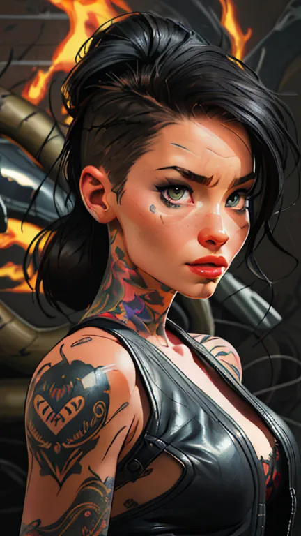 a close up of a woman with black hair and tattoos argent metal ((best quality)), ( high detail), (1girl), doom eternal, (vivid c...