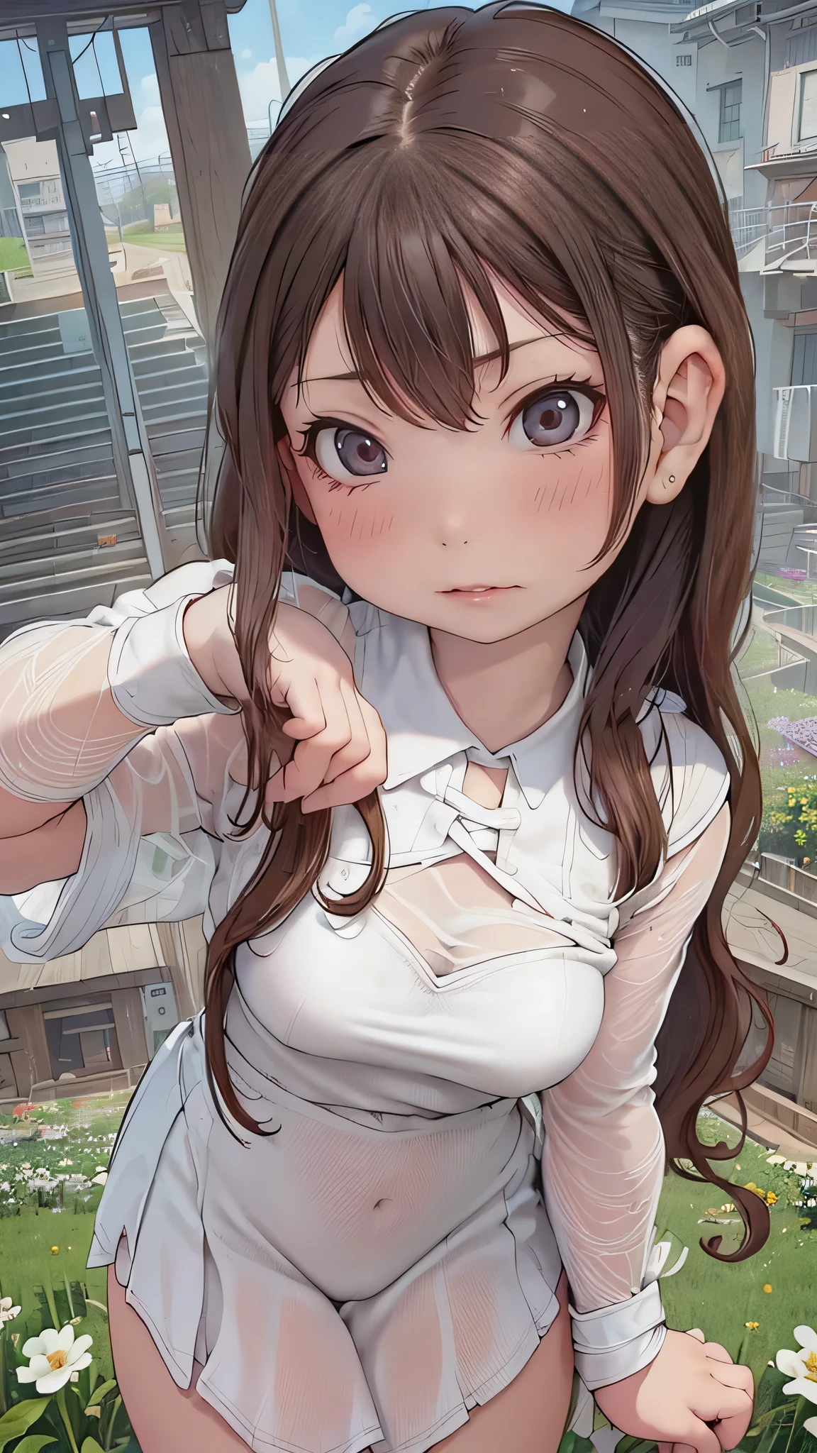 Realistic, masterpiece, highest quality, Highest Resolution, one Japanese high school girl, , Upper body photo, Looks sleepy, Spaced out, Mouth open, Beautiful and detailed eye drawing, (droopy eyes:1.3), Dark Eyes, Thin eyebrows, Carefully draw eyelashes, Eyelash extensions, Gal Makeup, Orange teak,  (White brown wavy hair with white mesh, long hair, middle part:1.3), (hidden creased eyelids:1.3), (Gothic school uniform:1.2), (The subject was photographed from above at an angle:1.3), (Flower Field:1.3), (Close up on face, Standing up and trying to grab the audience:1.5)