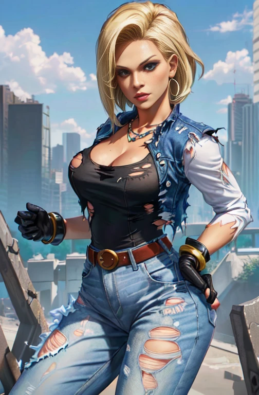 best qualityer, High definition, e18, 1 girl, android 18, standing alone, hair blonde, blue colored eyes, waist belt, jeans, Pearl_necklase, bracelet, black gloves, neckleace, white  shirt, shorth hair, manga curta, aretes, blue pants, open vest, black vest, breasts big, Broad Hips, in this, legs spread apart, citys, (torn garments: 1.5), erotism, standing, unexpressive,