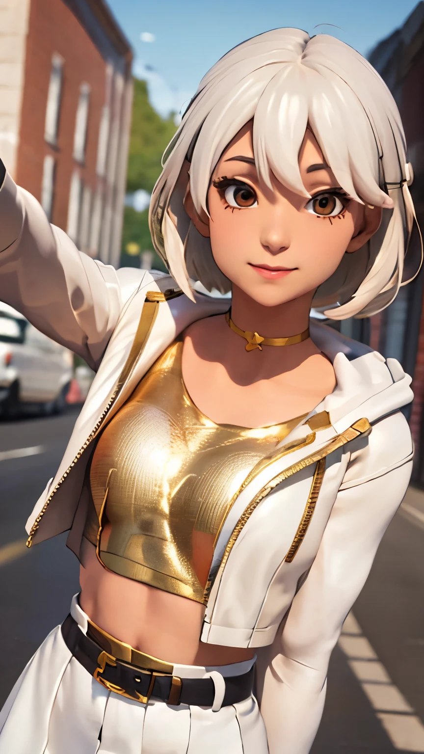 City background, 1girl, solo, AphroditeFN, Aphrodite from fortnite, (crop top, gold top, open clothes), (jacket crop top, white jacket, jacket loose, one short sleeve, one long sleeve), fingerless gloves, white skirt, miniskirt, belt, white hair, short hair, lipsticks, smirk, heart, upper body, looking at viewer,