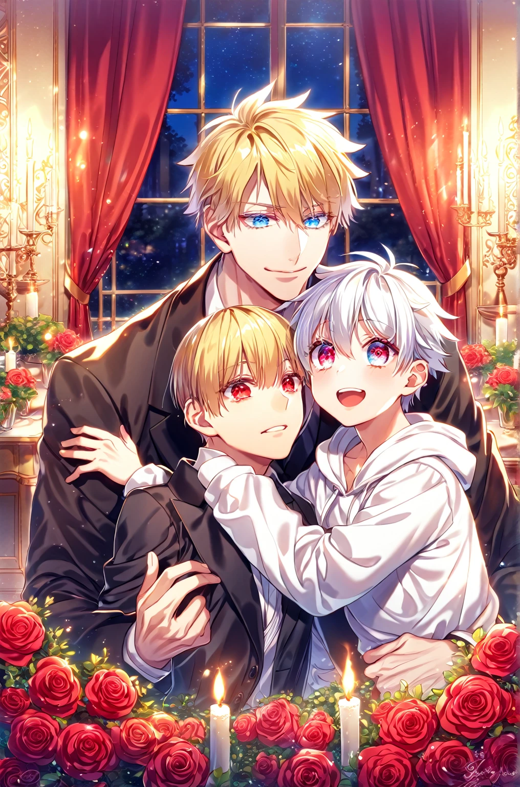 absurdres, highres, ultra detailed, HDR, master piece, best quality, perfect face, detailed eyes, detailed face, Gilgamesh, blonde hair, expressive red eyes, Fate Stay Night, Gojou Satoru, white hair, expressive blue eyes, white eyelashes, one a handsome adult man together with one kid, yaoi, gay couple, black coat, white hoodie, room, window, red curtains, red roses, candles, night, garden