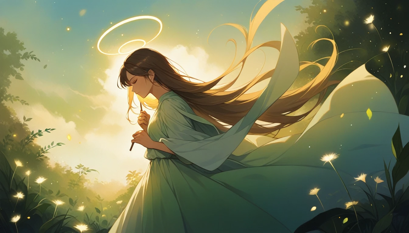 A digital artwork depicting a young woman in a surreal scene, captured from a side profile as she leans slightly forward while holding an oversized dandelion stem. Her long, flowing hair transitions from dark brown roots to lighter brown and golden highlights, sweeping dramatically behind her in dynamic waves, creating a sense of rapid motion and ethereal beauty. She wears a form-fitting, off-white, fabric-like dress that appears to be made of soft material like silk or cotton, wrapped around her body and flowing elegantly behind her. The dress shows intricate folds and creases, emphasizing its delicate nature. The woman's expression is serene and focused as she grips the stem firmly with both hands, her right hand near the top while her left hand is lower, propelling her forward. The stem itself is oversized and green, resembling a large, curved wooden stick, blending seamlessly into her form and extending diagonally from the bottom left to the upper right of the image. Some dust particles are dislodging from the stem, adding to the sense of motion. The background features a gradient sky transitioning from deep navy blue at the top to lighter blue near the horizon, with the sun positioned in the upper left corner, casting a bright glow and creating a soft halo effect around the woman's head. This natural lighting illuminates her figure, highlighting her skin tones and the texture of her hair. The foreground consists of lush green foliage with serrated edges, ferns, and other plants in various shades of green, including forest green, olive green, and emerald green, some with visible veins and crisp edges. These plants are slightly blurred in the lower left corner, adding depth to the scene. The overall mood is whimsical, ethereal, and dreamlike, with high contrast and vibrant colors enhancing the fantastical atmosphere. The composition follows the rule of thirds, with the subject and dandelion positioned centrally, drawing the viewer's eye across the dynamic scene f