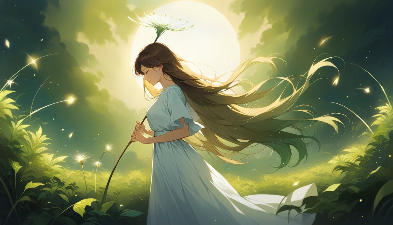 A digital artwork depicting a young woman in a surreal scene, captured from a side profile as she leans slightly forward while holding an oversized dandelion stem. Her long, flowing hair transitions from dark brown roots to lighter brown and golden highlights, sweeping dramatically behind her in dynamic waves, creating a sense of rapid motion and ethereal beauty. She wears a form-fitting, off-white, fabric-like dress that appears to be made of soft material like silk or cotton, wrapped around her body and flowing elegantly behind her. The dress shows intricate folds and creases, emphasizing its delicate nature. The woman's expression is serene and focused as she grips the stem firmly with both hands, her right hand near the top while her left hand is lower, propelling her forward. The stem itself is oversized and green, resembling a large, curved wooden stick, blending seamlessly into her form and extending diagonally from the bottom left to the upper right of the image. Some dust particles are dislodging from the stem, adding to the sense of motion. The background features a gradient sky transitioning from deep navy blue at the top to lighter blue near the horizon, with the sun positioned in the upper left corner, casting a bright glow and creating a soft halo effect around the woman's head. This natural lighting illuminates her figure, highlighting her skin tones and the texture of her hair. The foreground consists of lush green foliage with serrated edges, ferns, and other plants in various shades of green, including forest green, olive green, and emerald green, some with visible veins and crisp edges. These plants are slightly blurred in the lower left corner, adding depth to the scene. The overall mood is whimsical, ethereal, and dreamlike, with high contrast and vibrant colors enhancing the fantastical atmosphere. The composition follows the rule of thirds, with the subject and dandelion positioned centrally, drawing the viewer's eye across the dynamic scene f