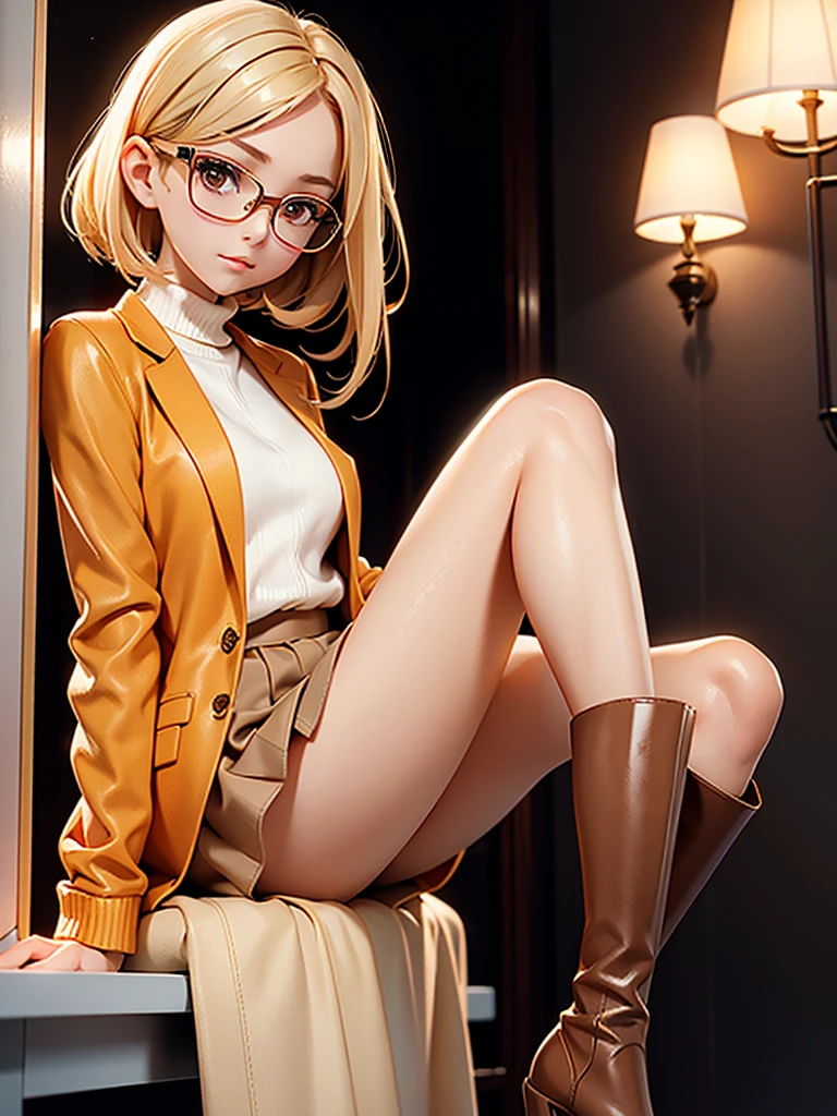 ONE Girl in the frame, elegant, short, A slim body. Looks quite young, for about 20 years. Wearing beige high boots, brown skirt, orange sweater and white lab coat, dark nude tights. medium length hair, blonde. wear glasses.