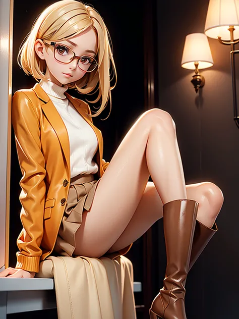 one girl in the frame, elegant, short, a slim body. looks quite young, for about 20 years. wearing beige high boots, brown skirt...