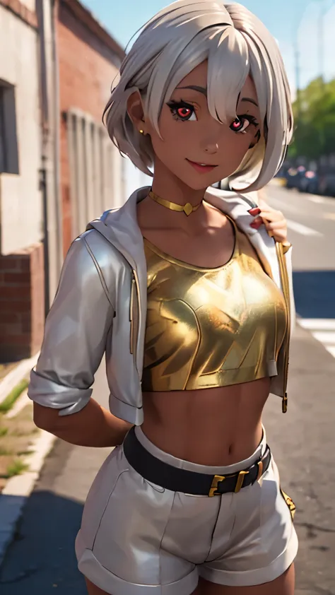 city background, 1girl, solo, aphroditefn, aphrodite from fortnite, dark-skinned female,  (crop top, gold top, open clothes), (j...