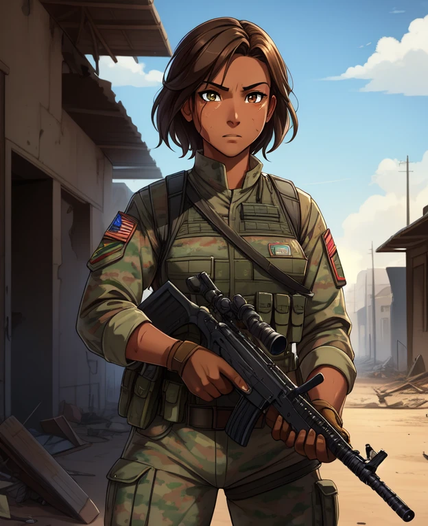 (1Female), (Mixed race Guatemalan-Navajo), (24yo:1.2), (Short brown hair:1.3), (Yellow colored irises:1.2), (tanned bronze skin:1.4) BREAK (Wearing: USA marine corps uniform, camouflage military uniform, bullet proof vest and gloves) BREAK fighting on the battlefield, strong muscles, face stained with mud and blood, sweaty skin, bloody skin, mud-stained skin, army girl, rifle, (aiming and holding rifle: 1.3), soldier girl, infantry girl, expression of determination, rigorous expression, shootout BREAK (Background: Set during the 2003 invasion of Iraq, on the empty streets of an Iraqi village, warzone, ruined buildings, debris is the surroundings) BREAK highest quality, ultra-high resolution, absurdity, realistic, physically based rendering, cinematic lighting, complex and cinematic appearance, cinematic soft light, soothing tone, battlefield background, urban war background, photorealistic, cowboy shot, dynamic angle, portrait, Beautiful digital artwork, (mature female),(shiny skin),(looking at viewer),(anime style)