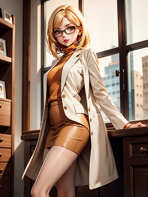 one girl in the frame, elegant, short, a slim body. wearing beige high boots, brown skirt, orange sweater and white lab coat, da...