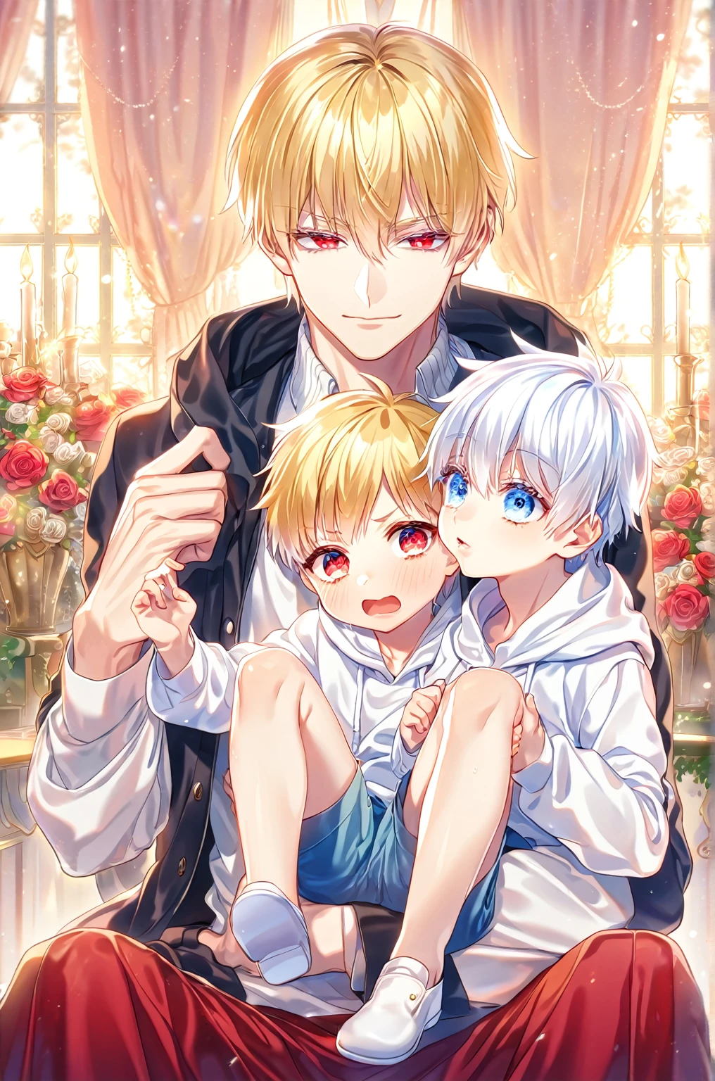 absurdres, highres, ultra detailed, HDR, master piece, best quality, perfect face, detailed eyes, detailed face, Gilgamesh, blonde hair, expressive red eyes, Fate Stay Night, Gojou Satoru, white hair, expressive blue eyes, white eyelashes, a handsome adult man sitting with a kid on his lap, yaoi, gay couple, black coat, white hoodie, room, window, red curtains, red roses, candles, night, garden