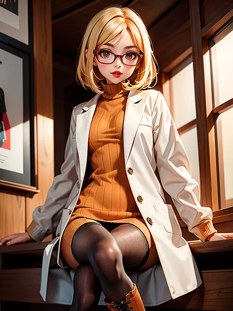 one girl in the frame, elegant, short, a slim body. wearing beige high boots, brown skirt, orange sweater and white lab coat, da...