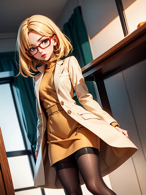 one girl in the frame, elegant, short, a slim body. wearing beige high boots, brown skirt, orange sweater and white lab coat, da...