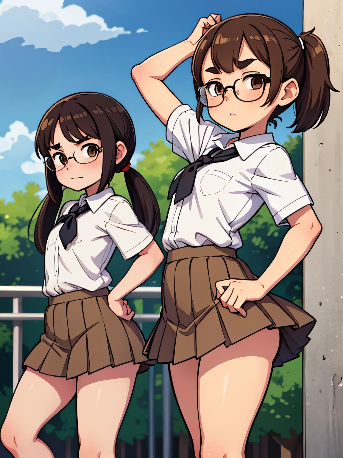 masterpiece，最high quality，high quality，Freckled，Brown Hair，One childish ，Very short stature，Very thin thighs，Sunburn，Twin tail hairstyle，Thick eyebrows，Prominent teeth，Brown eyes，Flat Chest，Very small ass，Big glasses，White shirt，short blue pleated skirt, White socks，Black Loafers，Mischievous face，Scratch your cheeks，Cool pose，In the schoolyard，Hentai manga，Like a movie, dramatic，Dynamic Views, whole body，Bruises and gestures，