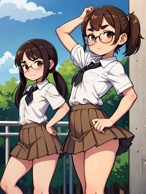 masterpiece，最high quality，high quality，Freckled，Brown Hair，One childish ，Very short stature，Very thin thighs，Sunburn，Twin tail hairstyle，Thick eyebrows，Prominent teeth，Brown eyes，Flat Chest，Very small ass，Big glasses，White shirt，short blue pleated skirt, White socks，Black Loafers，Mischievous face，Scratch your cheeks，Cool pose，In the schoolyard，Hentai manga，Like a movie, dramatic，Dynamic Views, whole body，Bruises and gestures，