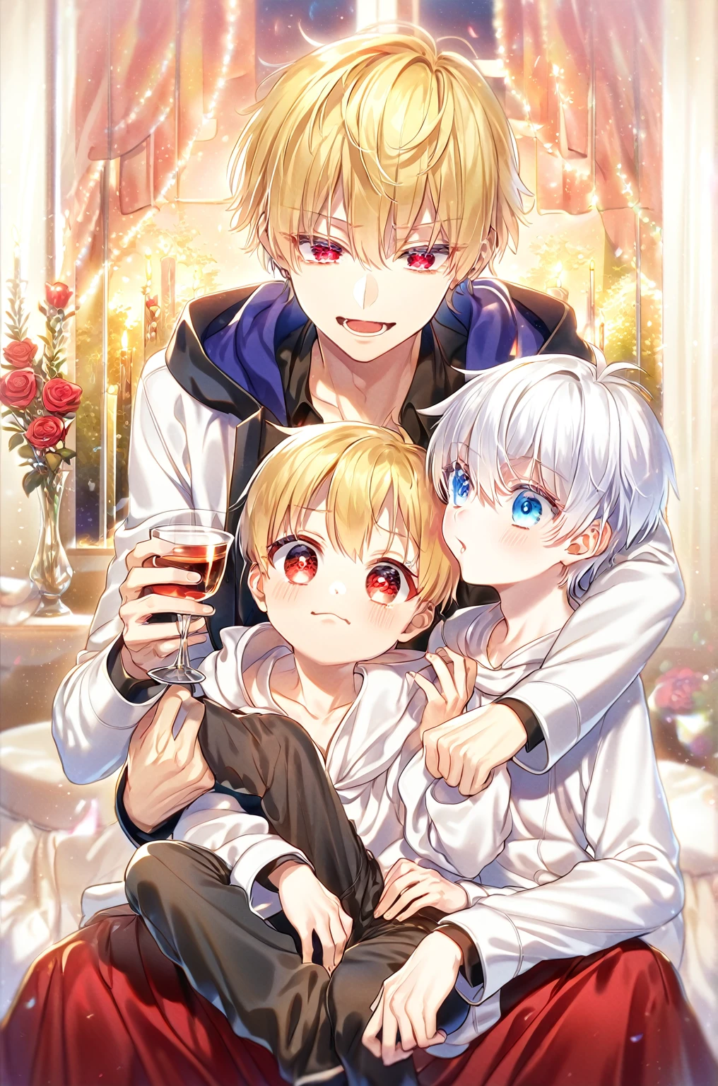 absurdres, highres, ultra detailed, HDR, master piece, best quality, perfect face, detailed eyes, detailed face, Gilgamesh, blonde hair, expressive red eyes, Fate Stay Night, Gojou Satoru, white hair, expressive blue eyes, kid sitting on his father lap, handsome, yaoi, gay couple, black coat, white hoodie, black pants, room, window, red curtains, red roses, candles, night, garden, holding a rose, holding a cup