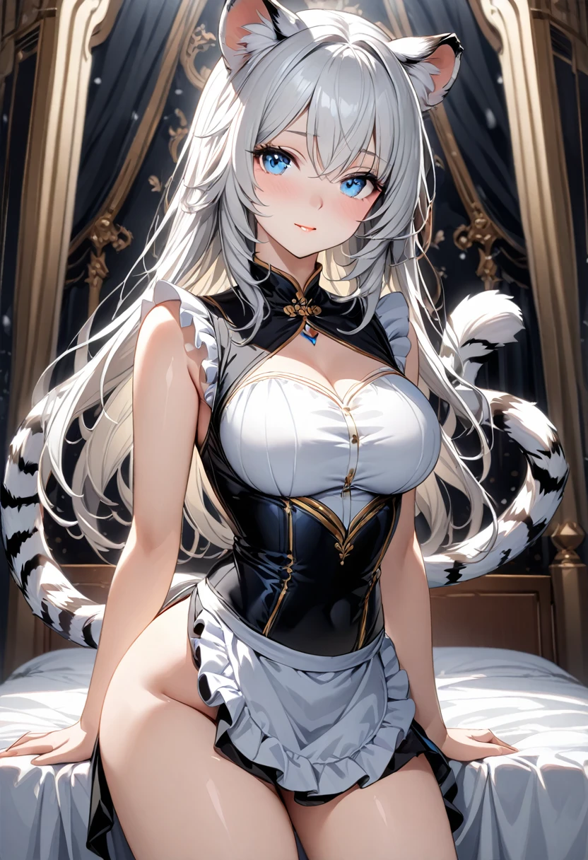 highest quality, ultra high resolution, super detailed, gorgeous, masterpiece, best quality, high resolution finely detailed, extremely beautiful, distinct image, hourglass figure, 1 girl, 2, (front-view), (side-view), soft and beautiful facial features, symmetrical face, simple short(((mid thigh)))(sleeveless and open back) black frilly dress that clings tightly to her body, white waist apron, piercing blue eyes, innocent doe shaped eyes, well endowed breasts, tall height(190cm), slim and slender curvy body, athletic and flexible physiques, flowing snow-white hair, narrow waist, long legs, opulent bedroom background, snow-white skin, hip-level shot, snow-white feline tiger ears, white striped tiger tail protruding out her back, front-view