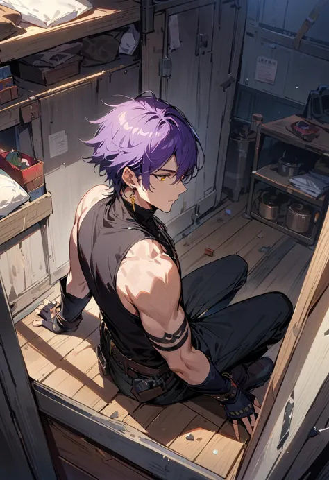 masterpiece, best quality,1 boy, male focus, shirt, alone, gloves, sleeveless shirt, purple hair, yellow eyes, sleeveless, ahog,...